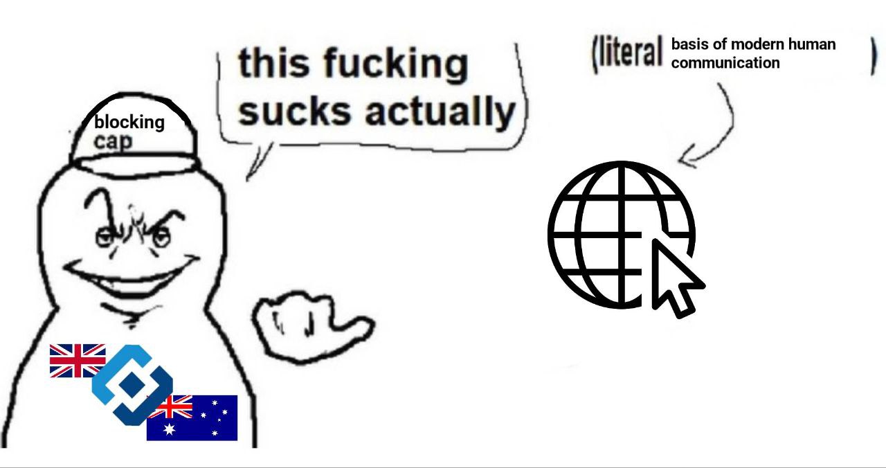 This fucking sucks actually Мем с персонажем, который в кепке с надписью «blocking cap» жалуется на блокировку интернета, возле которого изображены флаги Великобритании и Австралии и логотип Commonwealth Bank