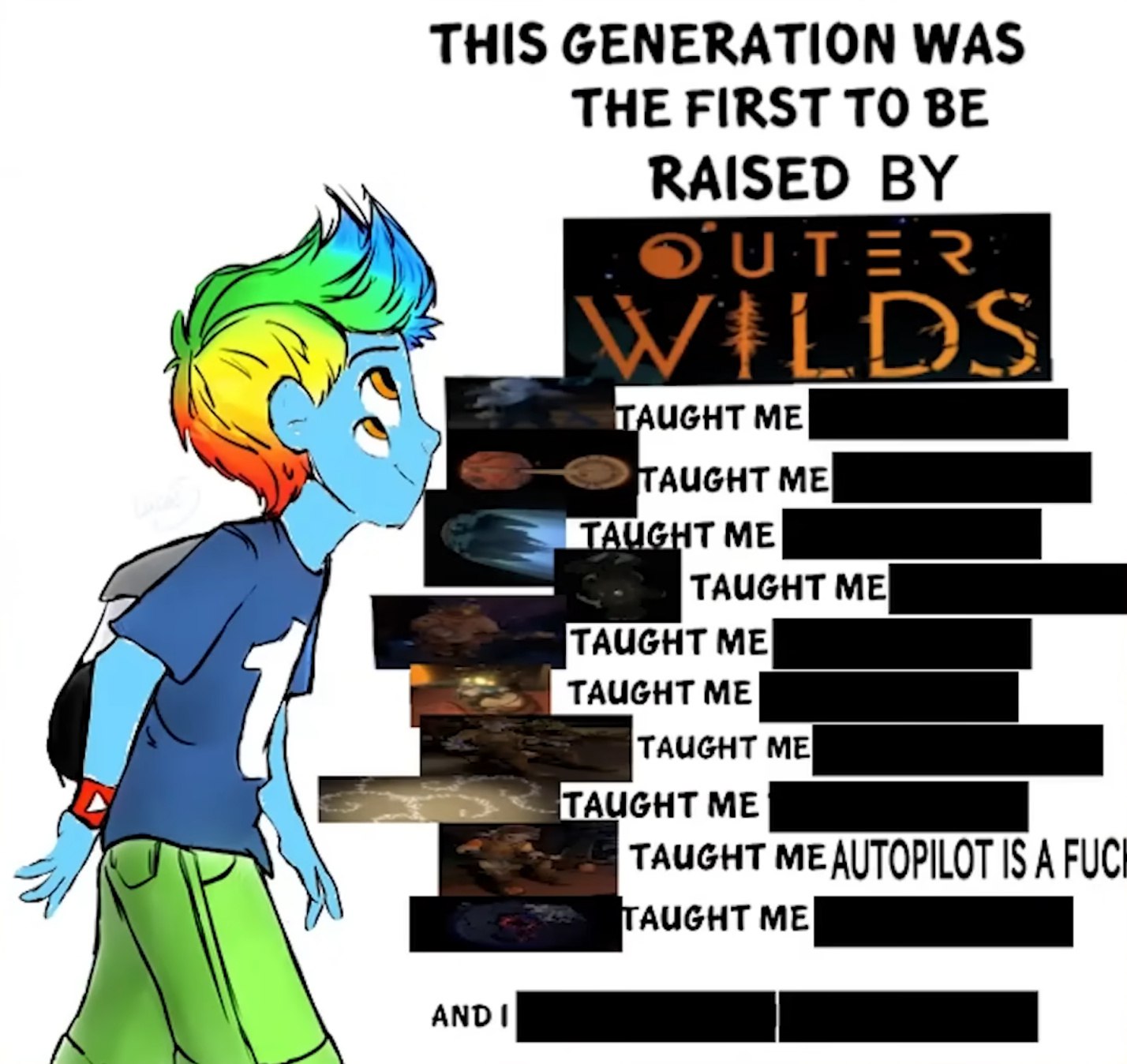 Мем про поколение, воспитанное игрой Outer Wilds, где автопилот бесполезен