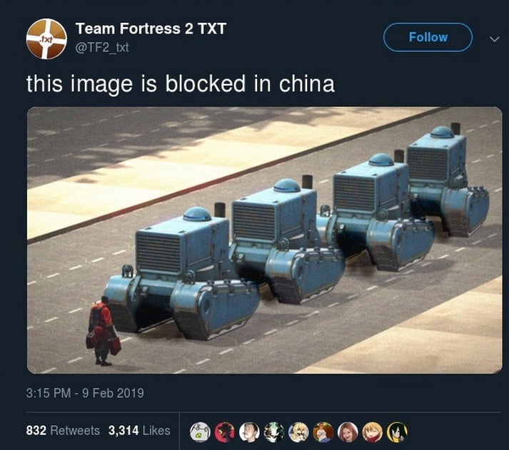 Это изображение заблокировано в Китае Мем «This image is blocked in china» с танками и человеком из игры Team Fortress 2.