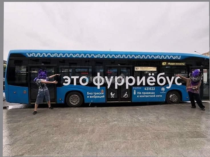 Синий городской автобус, перед которым стоят два человека в костюмах фурри, с крупной надписью «Это фурри автобус».