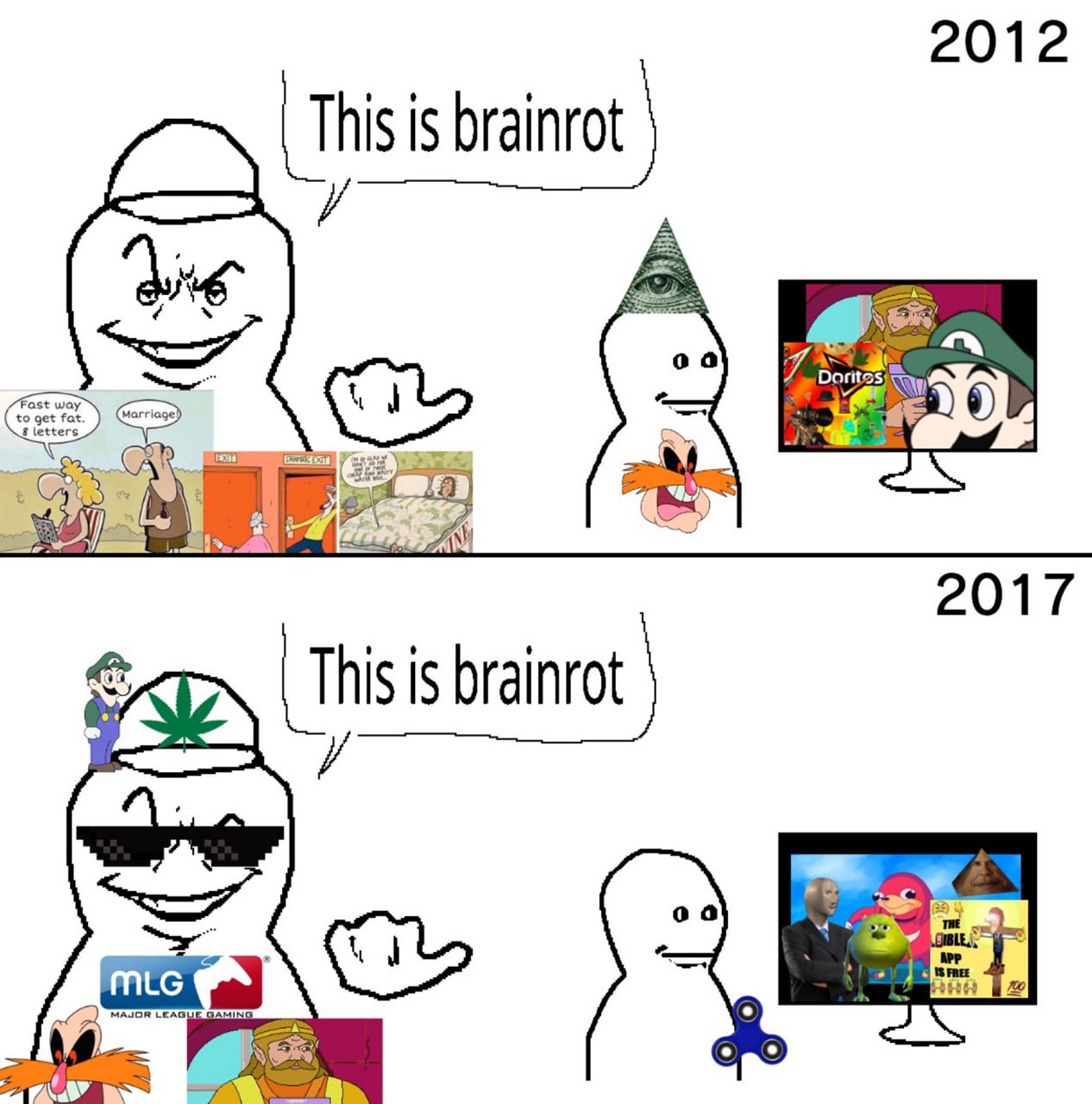 This is brainrot 2012 vs 2017 Мем, сравнивающий интернет-культуру и мемы 2012 и 2017 годов с фразой "This is brainrot"