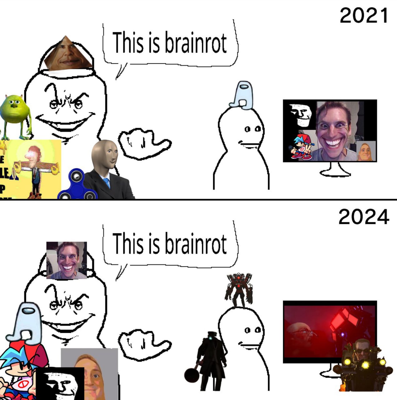 This is brainrot 2021 vs 2024 Мем про эволюцию контента и «разложение мозга» с 2021 по 2024 год