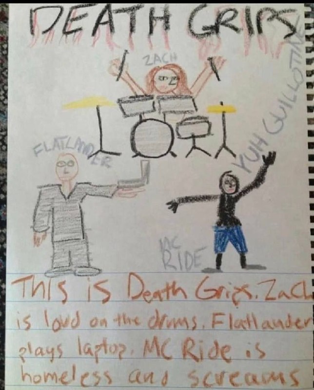 This is Death Grips Детский рисунок группы Death Grips с подписями участников и их ролей