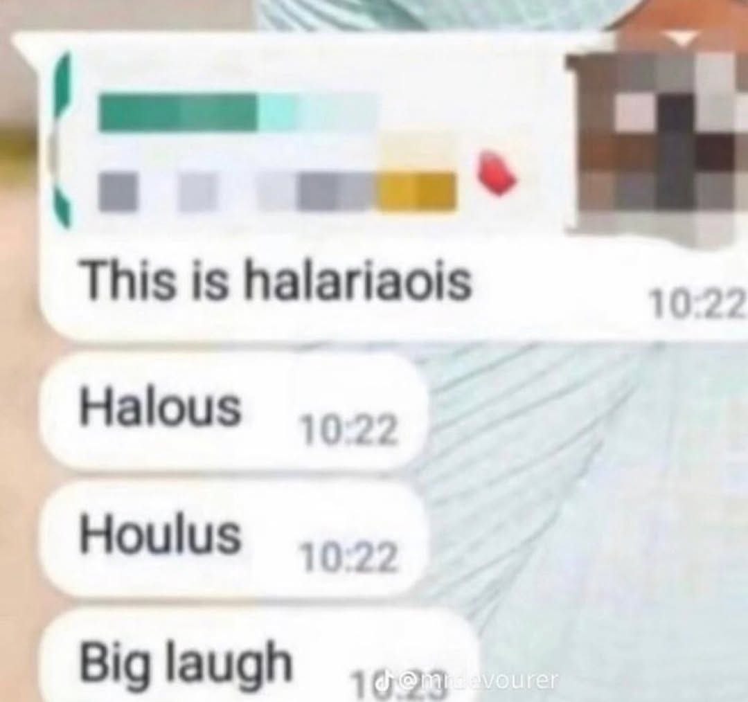 This is halariaois Переписка из чата с неудачными попытками написать слово hilarious и последующей заменой на big laugh