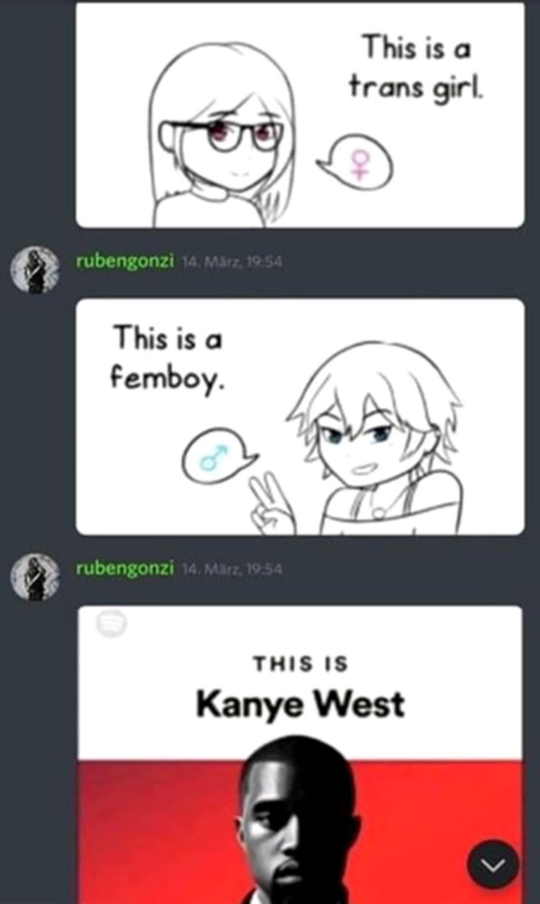 This is Kanye West Мем, где показаны трансгендерная девушка, фембой и Канье Уэст.