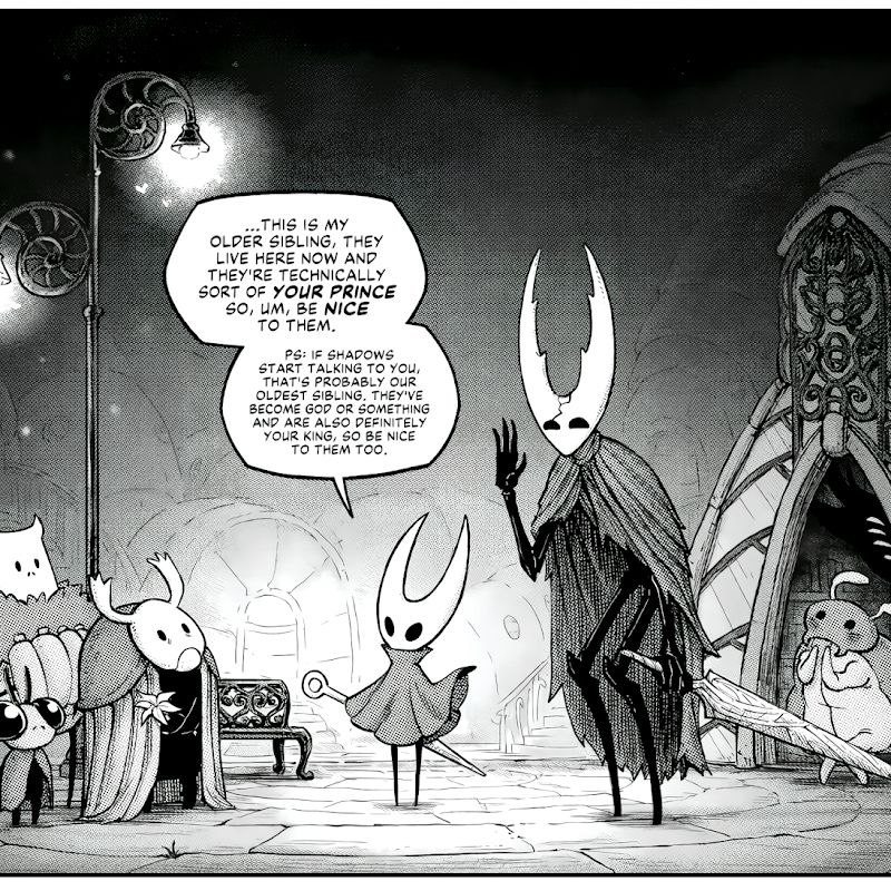Персонаж из Hollow Knight объясняет про своего старшего брата "принца" и "короля"