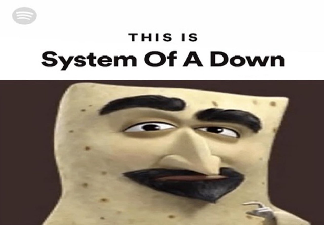 This is System Of A Down бурито Мем, где бурито смотрит на надпись «This is System Of A Down»