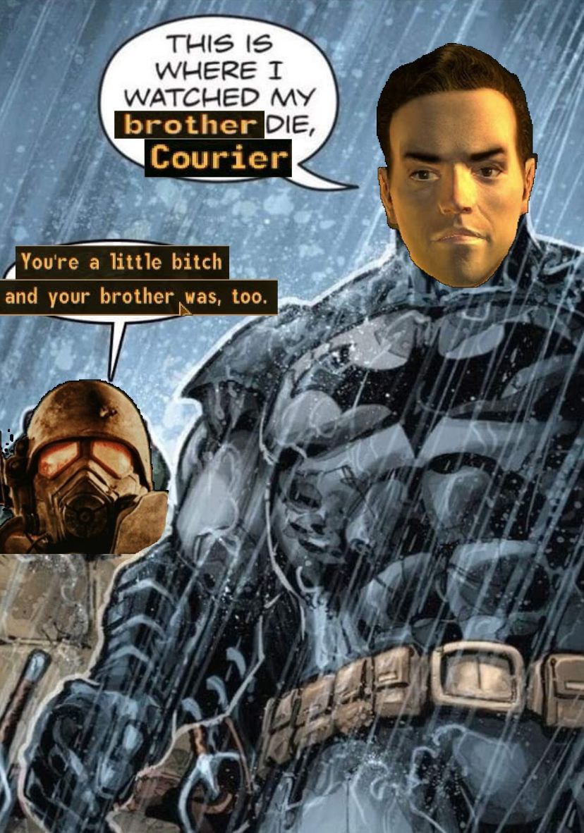 This is where I watched my brother die, Courier Мем с Бэтменом под дождем и двумя персонажами из игры Fallout New Vegas, которые спорят между собой.