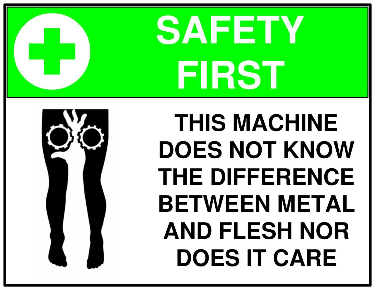 Мем с плакатом о технике безопасности, где машина не различает металл и плоть