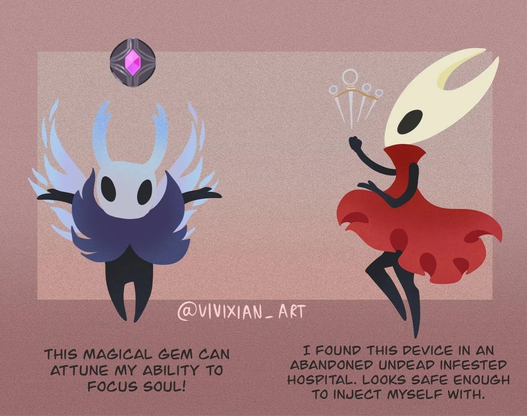 THIS MAGICAL GEM CAN ATTUNE MY ABILITY TO FOCUS SOUL! Мем про рыцаря и Хорнет из Hollow Knight и их отношение к магическим предметам, найденным в опасных местах