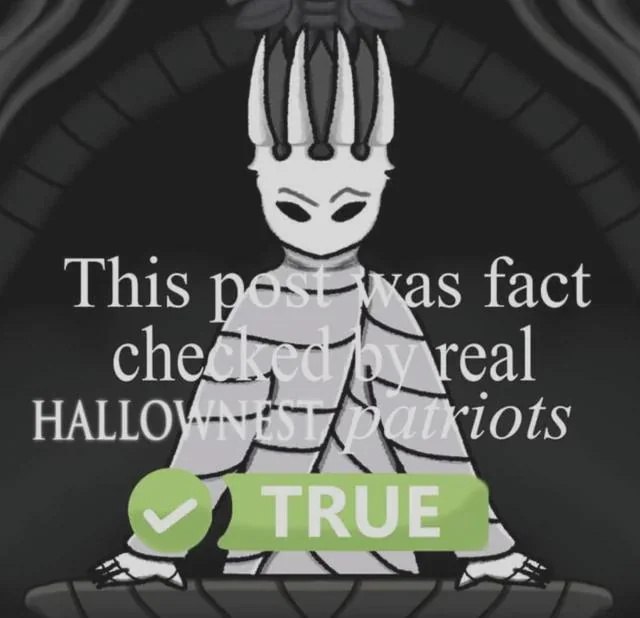 Персонаж из Hollow Knight с подписью «This post was fact checked by real HALLownest patriots» и зелёной отметкой TRUE.