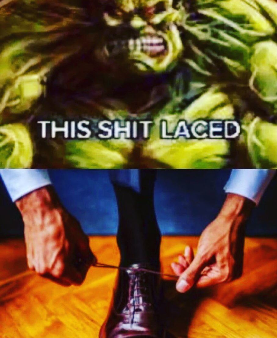 This shit laced Халк и мужчина, завязывающий шнурки, в меме "This shit laced"