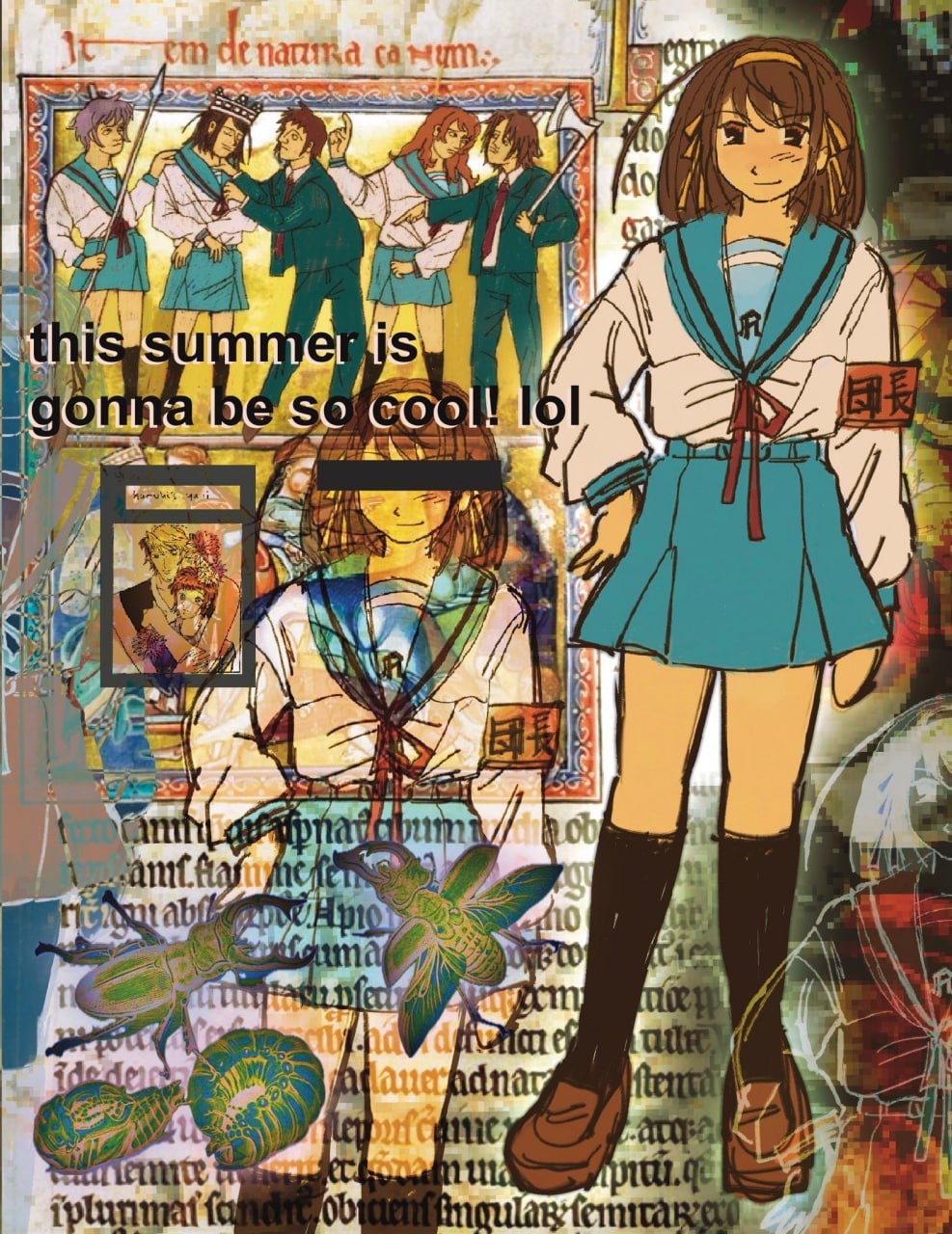 Аниме-девушка в школьной форме на пестром коллаже с надписью «this summer is gonna be so cool lol»