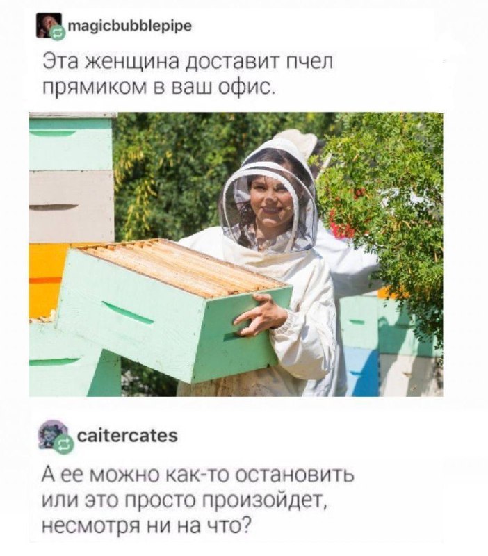 Женщина-пчеловод улыбается, неся улей, а пользователи обсуждают, можно ли ее остановить