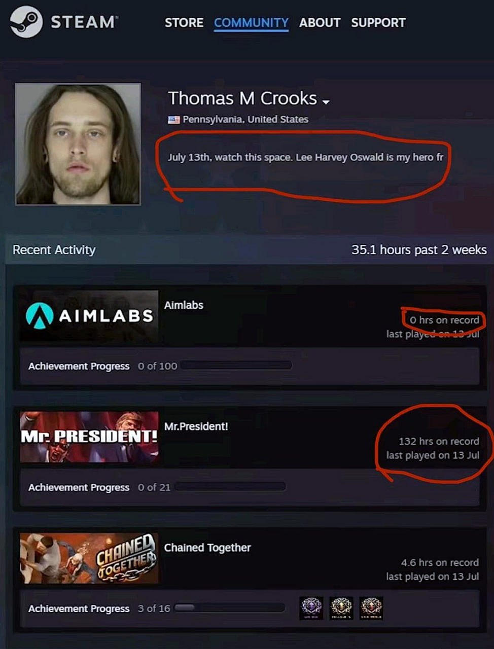Thomas M Crooks Lee Harvey Oswald is my hero fr Профиль Thomas M Crooks в Steam и его статус "Lee Harvey Oswald is my hero fr" на 13 июля