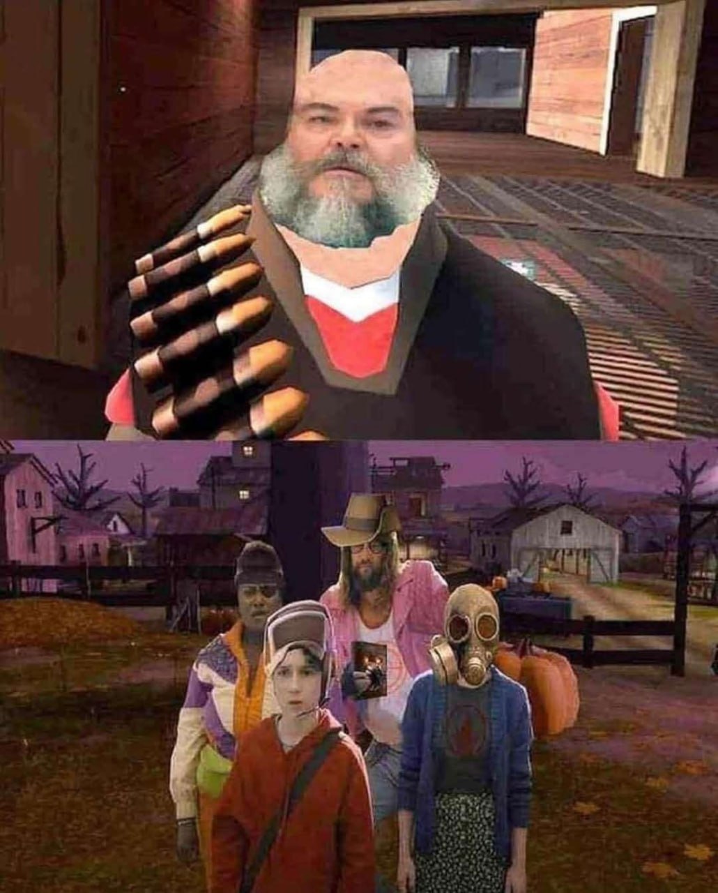 Тор и девочка в противогазе у Хэви Мем, где бородатый Хэви из Team Fortress 2 протягивает руку Тору, девочке в противогазе и другим персонажам, стоящим на тыквенном поле.