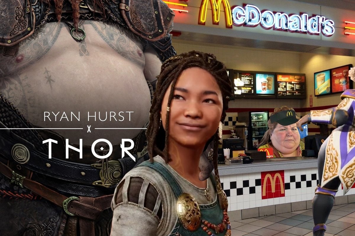 Тор и Макдоналдс Мем с Тором из God of War, девушкой с дредами и сотрудницей «Макдоналдса»