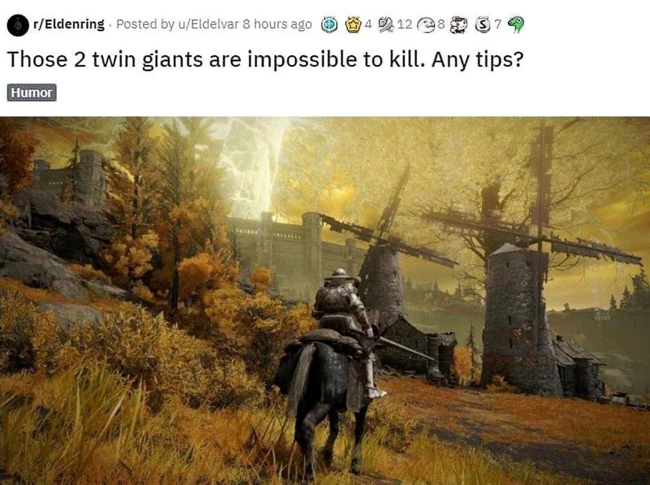 Those 2 twin giants are impossible to kill. Any tips? Мем, где два ветряные мельницы из игры Elden Ring ошибочно названы «близнецами-гигантами», которых невозможно убить.