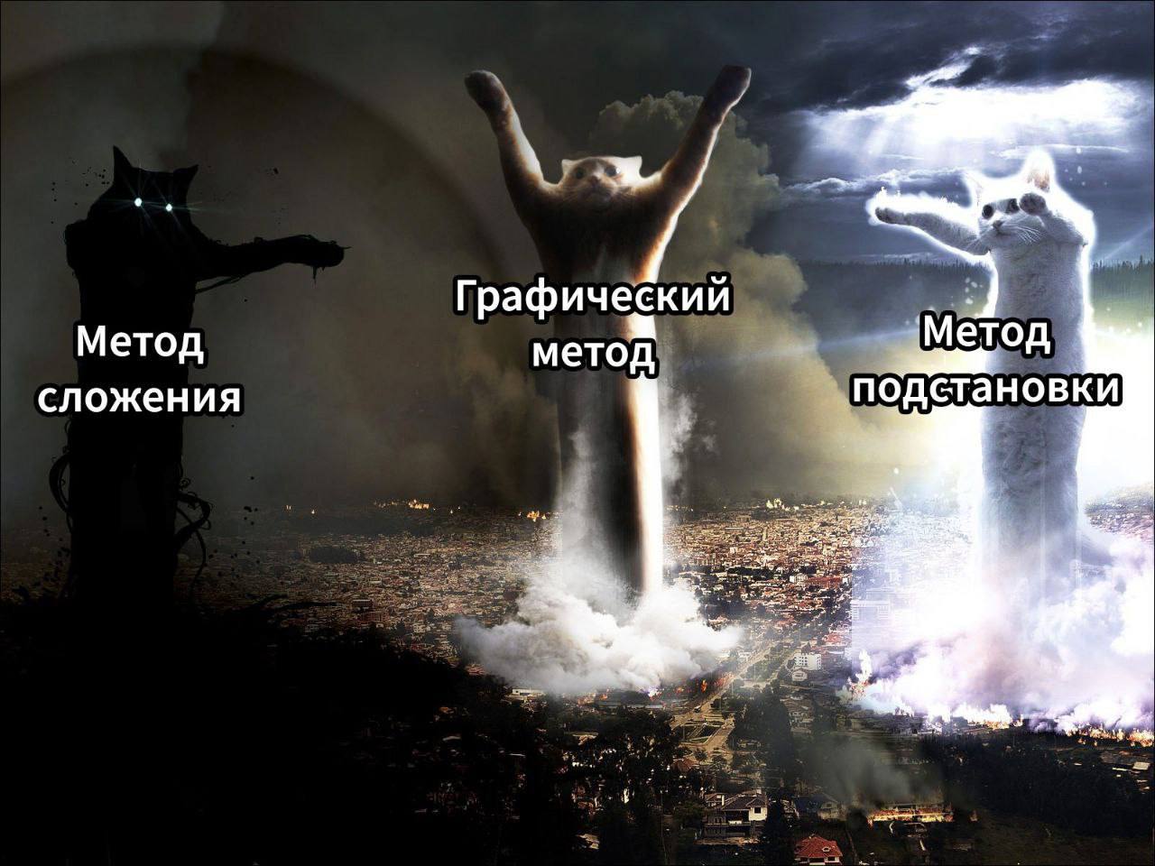 Три кота и математические методы Мем с тремя котами, олицетворяющими методы сложения, графический метод и метод подстановки