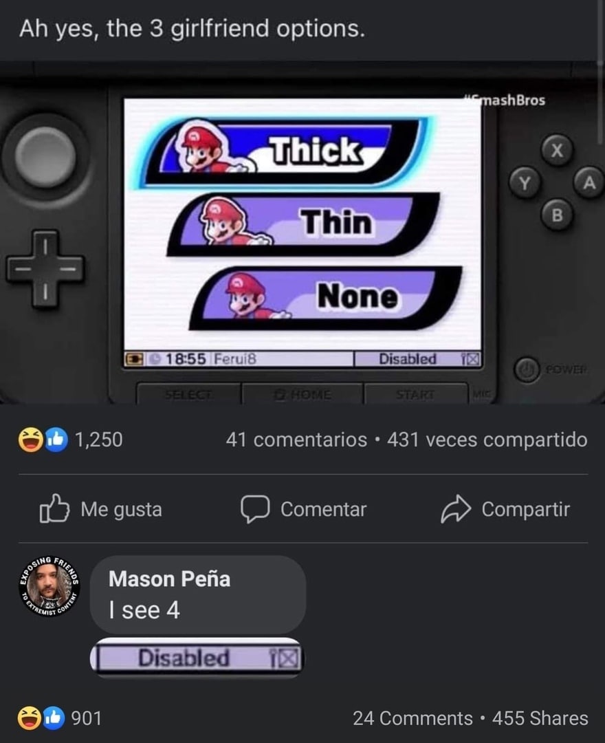 Ah yes, the 3 girlfriend options Мем, где опции выбора в игре Super Smash Bros. на Nintendo 3DS, такие как «Thick», «Thin» и «None», используются для шутки о типах девушек, а пользователь в комментарии указывает на четвертую опцию «Disabled».