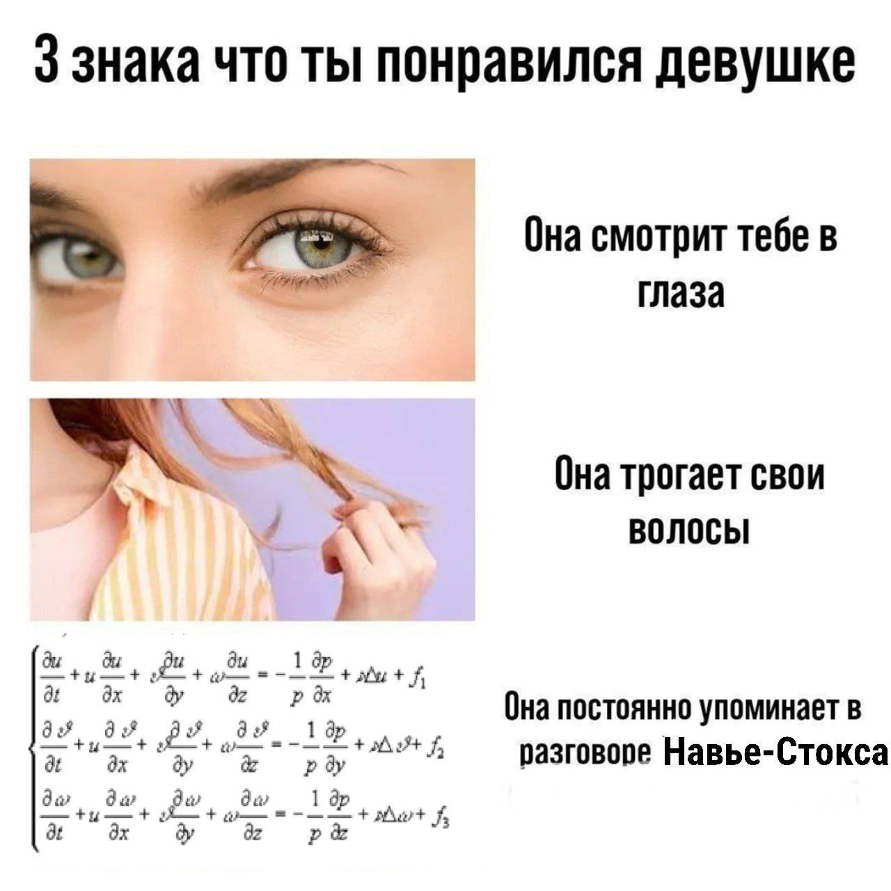 Три признака, что ты понравился девушке: она смотрит в глаза, трогает волосы и постоянно упоминает в разговоре уравнения Навье—Стокса.