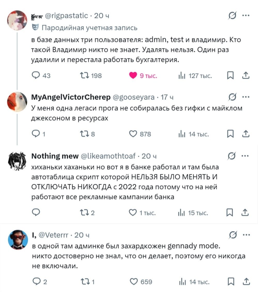 Четыре истории о загадочных пользователях, старом коде и системных настройках, которые нельзя удалять или менять.