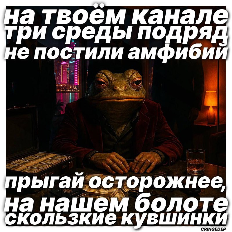Три среды не постили амфибий На твоем канале три среды подряд не постили амфибий, прыгай осторожнее, на нашем болоте скользкие кувшинки