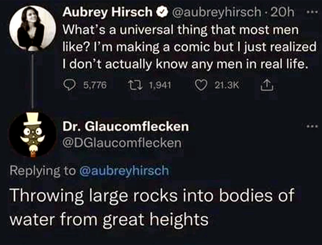 Throwing large rocks into bodies of water from great heights Мем о том, что большинство мужчин любят бросать большие камни в водоемы с большой высоты