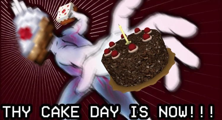 THY CAKE DAY IS NOW Минос Прайм Мем с Миносом Праймом из Ultrakill, бросающим торт, и надписью «THY CAKE DAY IS NOW!!!»
