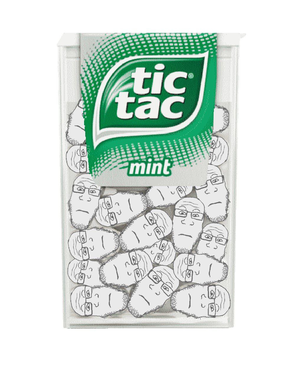 Мем с тик-таком и довольным лицом Упаковка Tic Tac Mint, наполненная овальными конфетами с нарисованными на них лицами