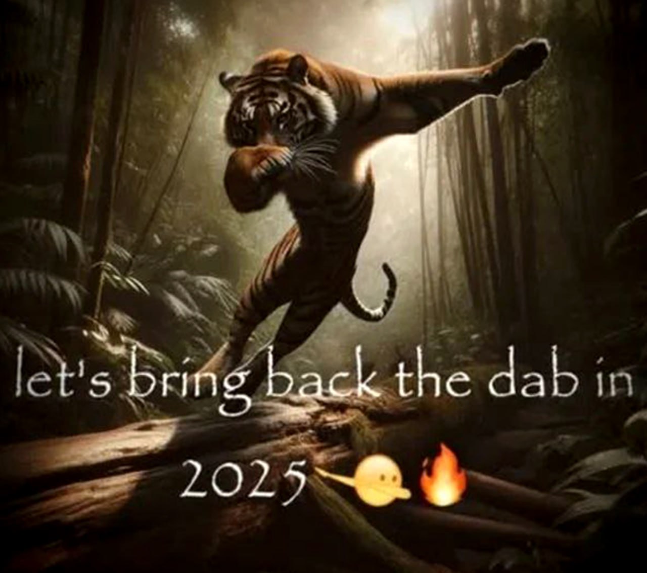 Тигр делает дэб "Let's bring back the dab in 2025" Тигр делает дэб в лесу с надписью «Let's bring back the dab in 2025»