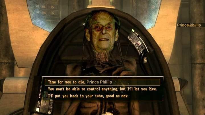 Time for you to die, Prince Phillip Мем из Fallout: New Vegas с Принцем Филлипом в футуристическом кресле