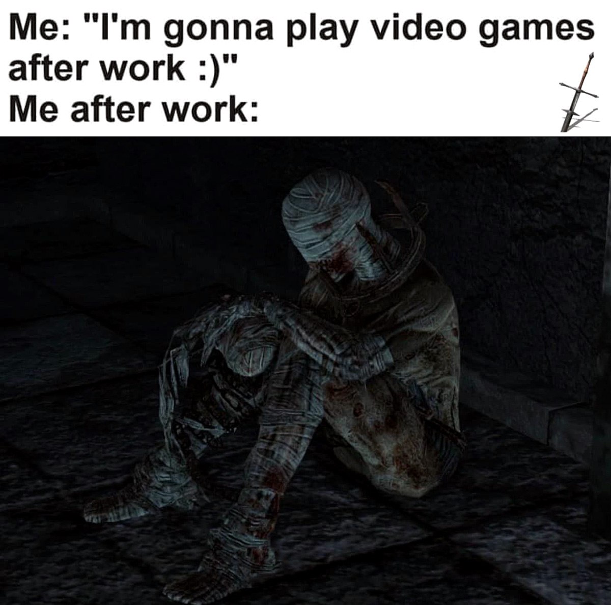Уставший человек после работы Мем с уставшим человеком из Dark Souls после работы