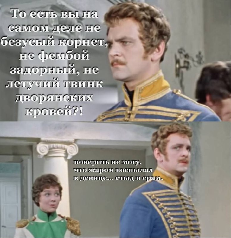 То есть вы на самом деле не безусый корнет Мем с кадром из фильма «Гусарская баллада», где мужчина в мундире с усами произносит фразу: «То есть вы на самом деле не безусый корнет, не фембой задорный, не летучий твинк дворянских кровей?!»