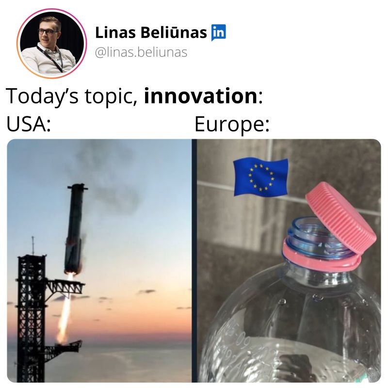 Today's topic, innovation: USA vs Europe Мем про инновации в США и Европе, где США запускает ракету, а Европа "инновационно" прикрепляет крышку к бутылке