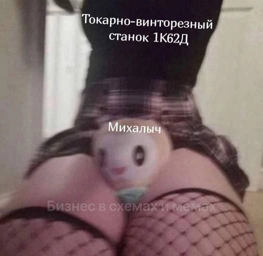 Токарно-винторезный станок 1К62Д Фотография девушки с мягкой игрушкой и надписями: «Токарно-винторезный станок 1К62Д», «Михалыч», «Бизнес в схемах и мемах»