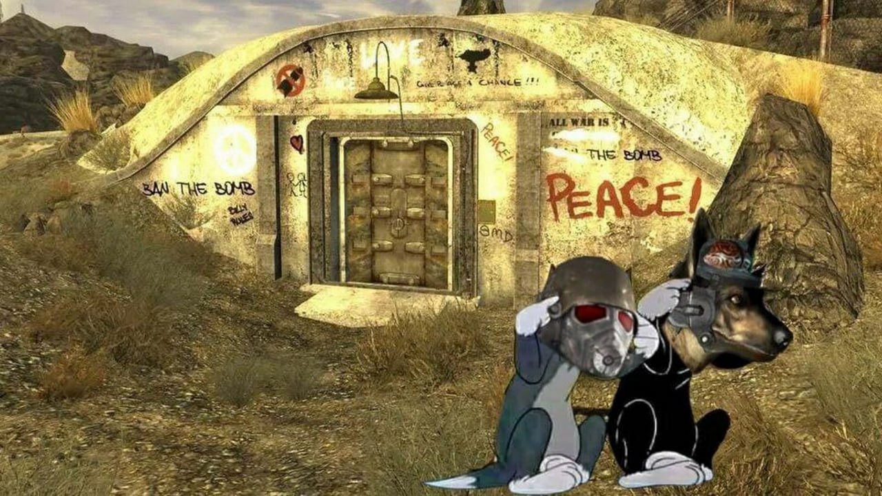 Том и Спайк в убежище Fallout Убежище 34 из Fallout New Vegas, Том и Спайк в шлемах, надписи на стенах