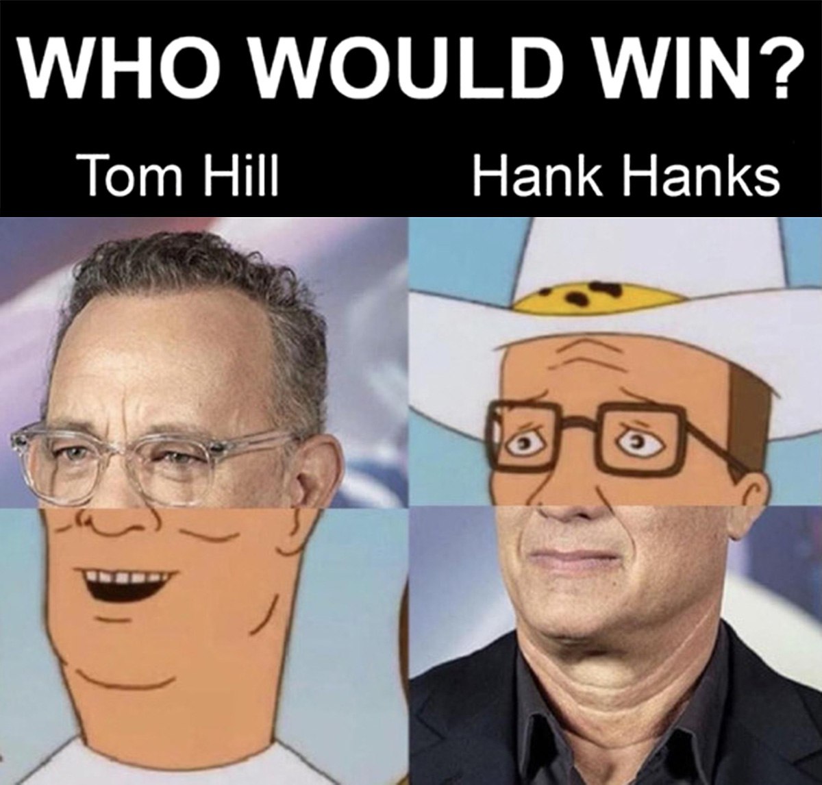 Мем Tom Hill vs Hank Hanks Мем с Томом Хэнксом и Хэнком Хиллом из «Царя горы», где их лица поменяны местами: Tom Hill и Hank Hanks.