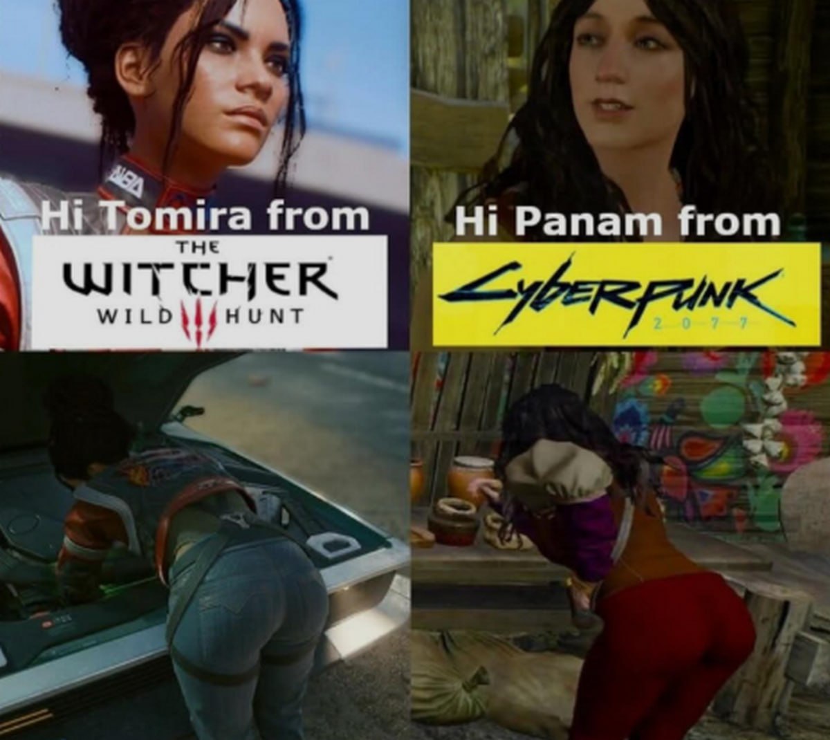 Томира из Ведьмака и Панам из Киберпанка Две девушки, Томира из The Witcher 3: Wild Hunt и Панам Палмер из Cyberpunk 2077, представленные в коллаже. Сверху изображены их лица, а снизу — формы ягодиц, что намекает на привлекательность персонажей.