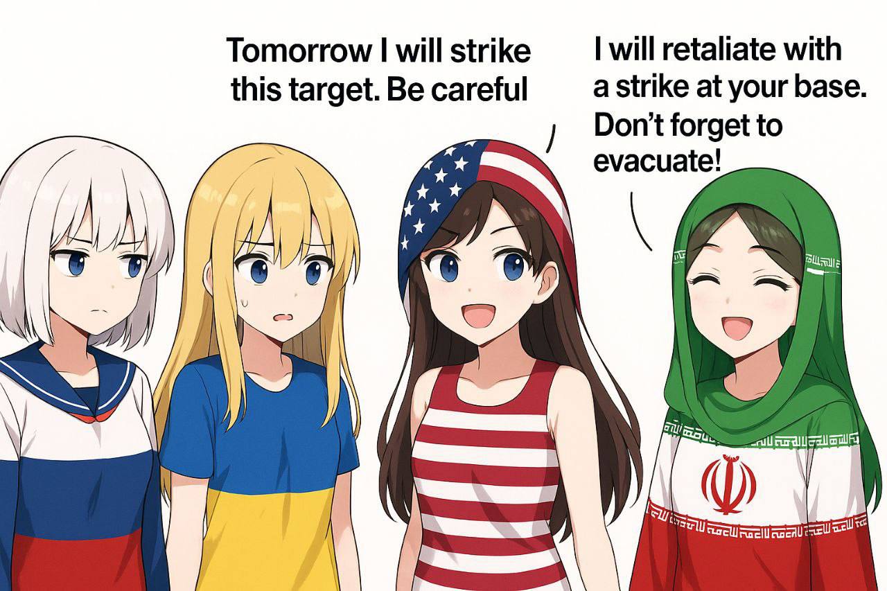 Tomorrow I will strike this target. Be careful Мем с аниме-девушками, изображающими Россию, Украину, США и Иран, где США и Иран обмениваются угрозами ударов, а Россия и Украина испуганно наблюдают.