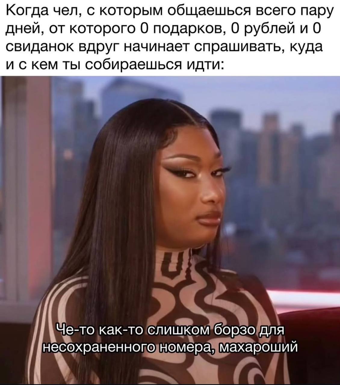 Че-то как-то слишком борзо для несохраненного номера, махароший Девушка по имени Меган Ти Стэллион в коричнево-белой облегающей водолазке с длинными рукавами и принтом, напоминающим шкуру животного, смотрит в сторону с пренебрежительным выражением лица и сжатыми губами. Фон за ней размыт, виднеются очертания мебели.