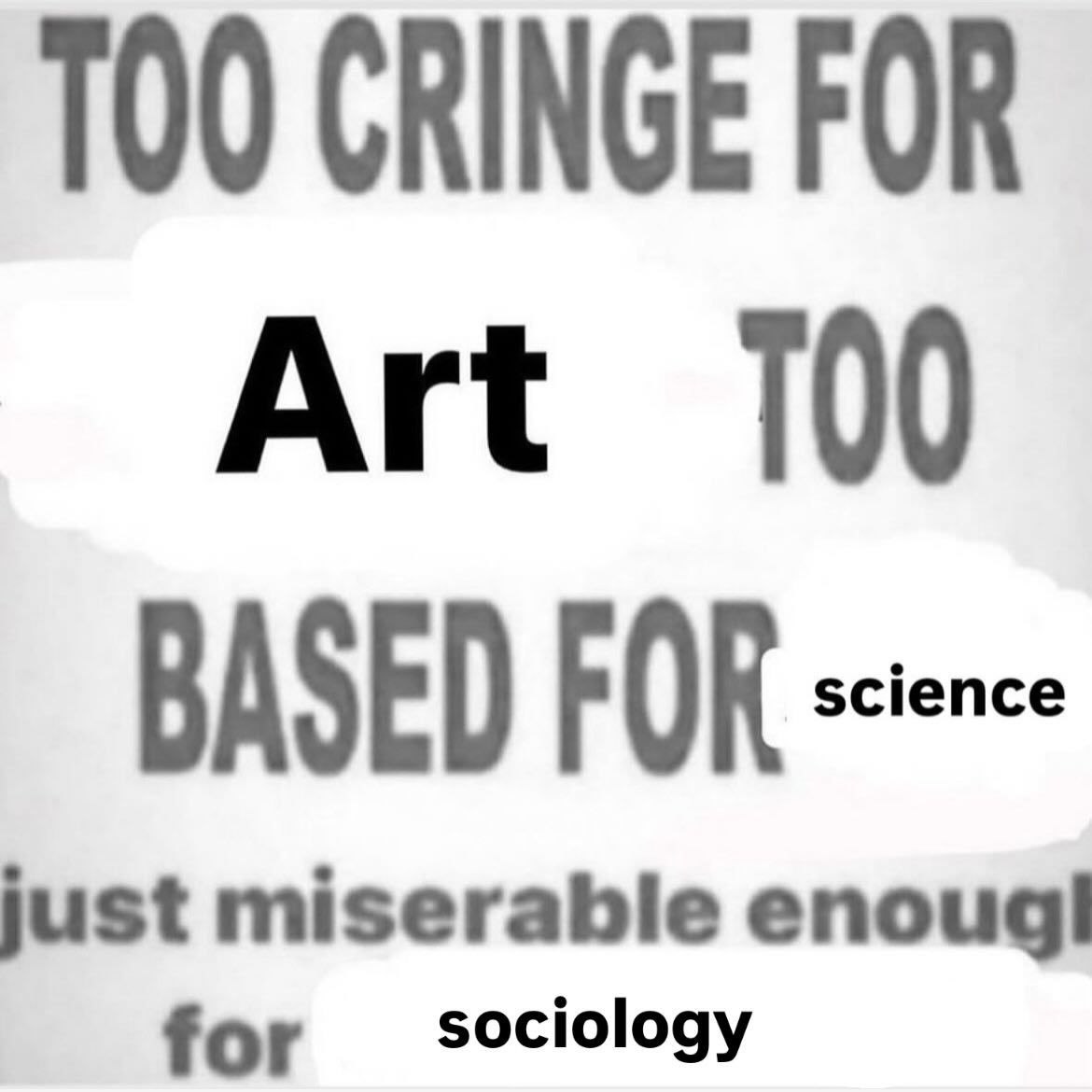 Мем про то, что ты слишком кринжовый для искусства, слишком обоснованный для науки и достаточно несчастный для социологии
