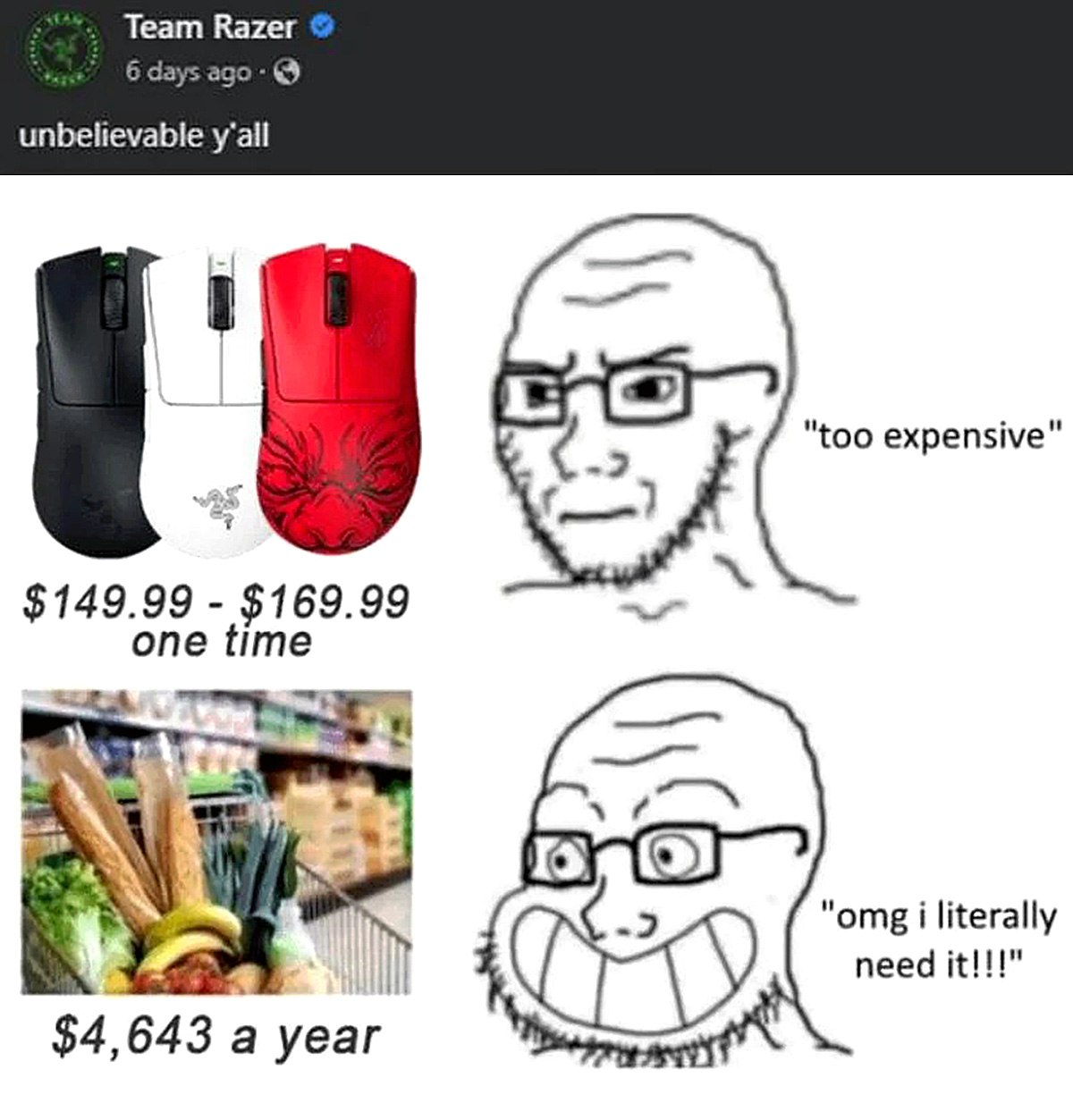 Too expensive и I literally need it Мем про геймерскую мышь Razer и продукты из магазина