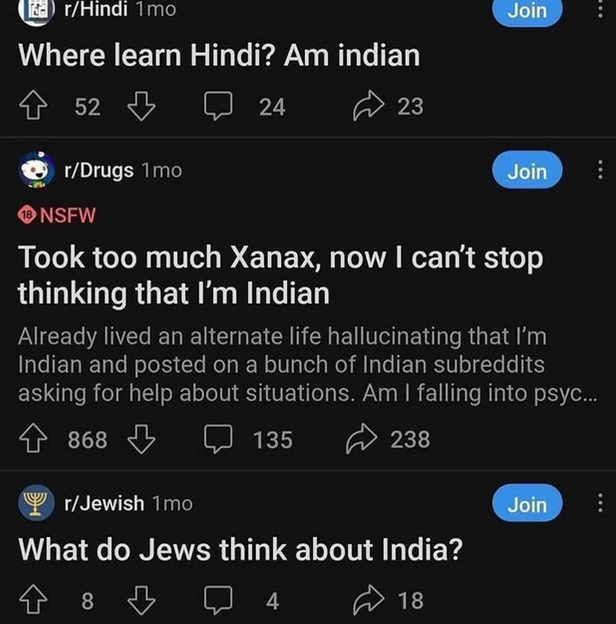 Took too much Xanax, now I can't stop thinking that I'm Indian Мем с Reddit, где пользователи обсуждают Индию на разных сабреддитах, включая пост про действие Ксанакса.