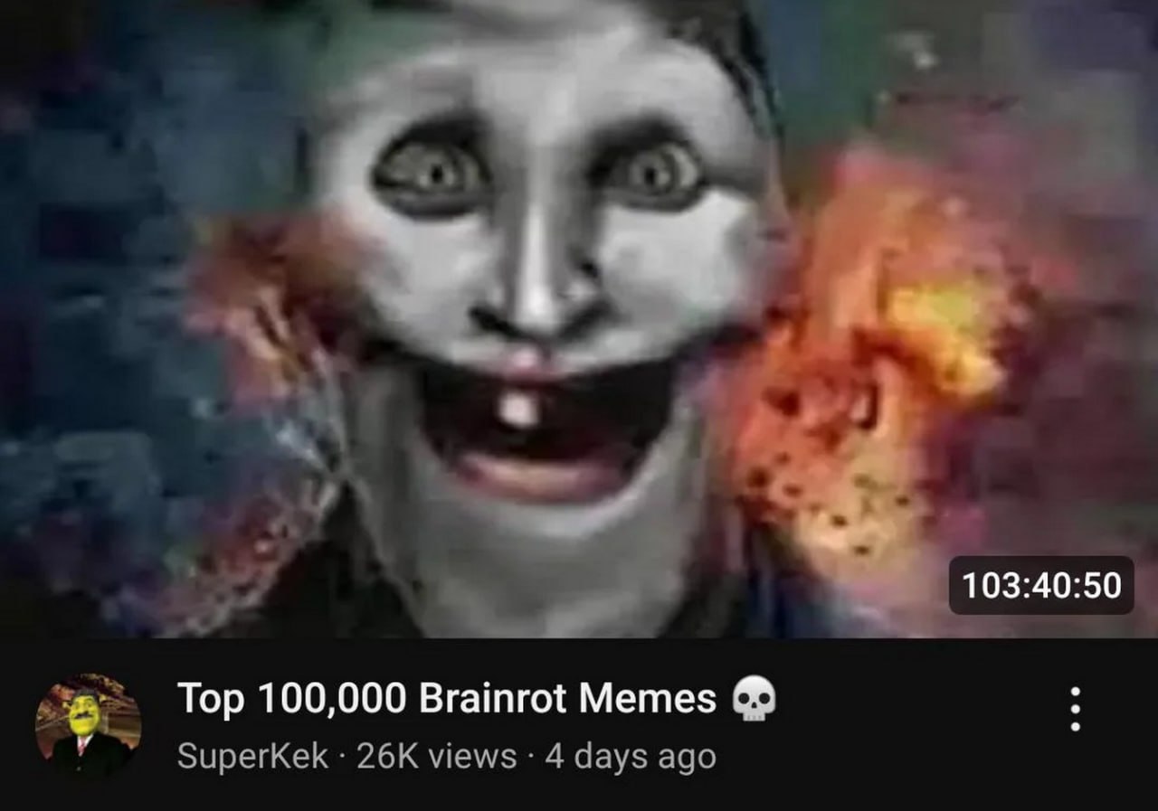 Top 100,000 Brainrot Memes Превью YouTube видео с заголовком "Top 100,000 Brainrot Memes" и жуткой улыбающейся рожей.