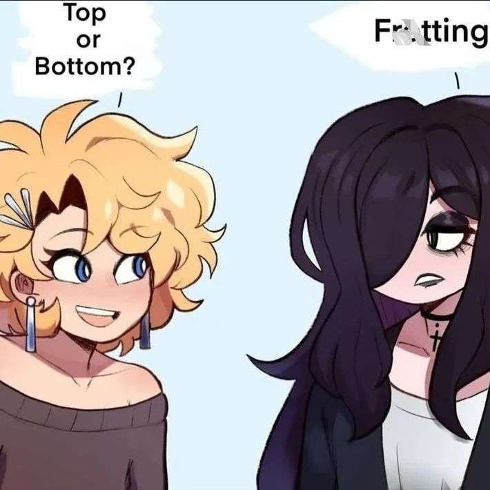 Две аниме-девушки, где одна спрашивает «Top or Bottom?», а другая отвечает «Frotting».
