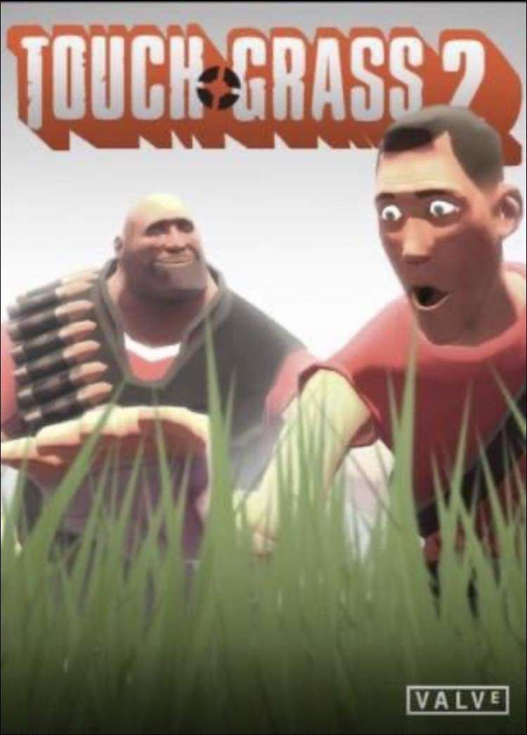 Touch Grass 2 Обложка видеоигры Touch Grass 2 с персонажами Team Fortress 2, Хэви и Скаутом, находящимися в траве под заголовком "Touch Grass 2".