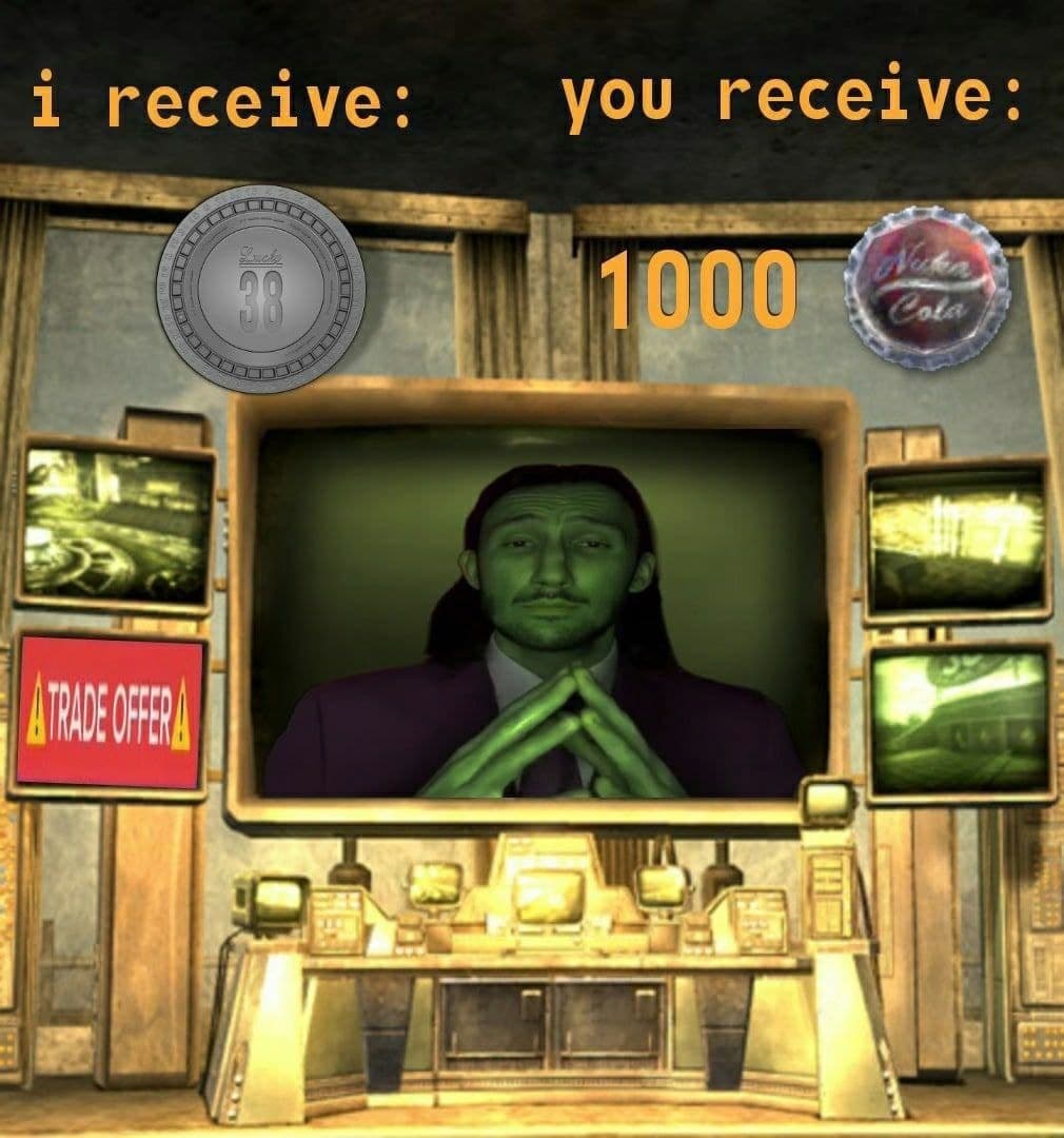 Торговое предложение из Fallout Мем "Торговое предложение" в стиле игры Fallout, с зеленым человеком и монетой "Lucky 38"