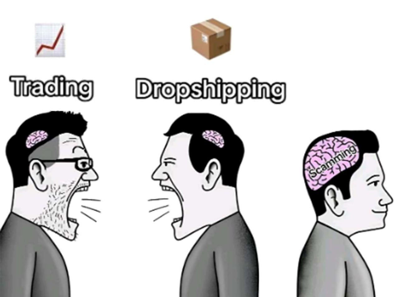 Trading Dropshipping Scamming Мужчины, символизирующие трейдинг, дропшиппинг и мошенничество, где последний доволен и спокоен, а первые кричат.
