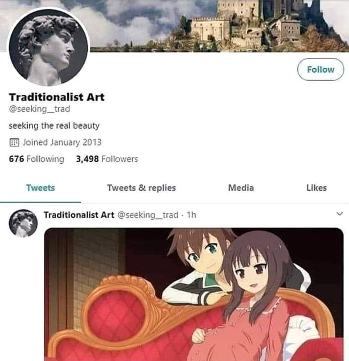 Traditionalist Art seeking the real beauty Мем Traditionalist Art с беременной Мегумин из аниме Konosuba, который пародирует аккаунты, посвященные искусству и традиционным ценностям, противопоставляя им что-то совершенно другое.